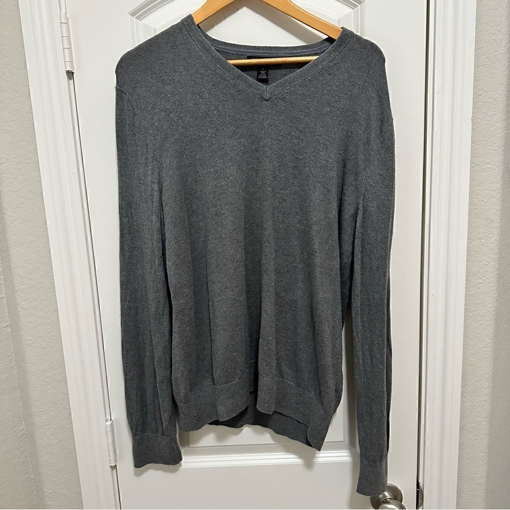 Banana‎ Republic V-Neck Sweater Mens L Gray Luxury Blend Silk Cotton Cashmere